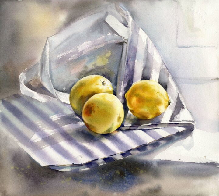 Still life with lemons. Watercolor painting 绘画, 13.8x13.8 in