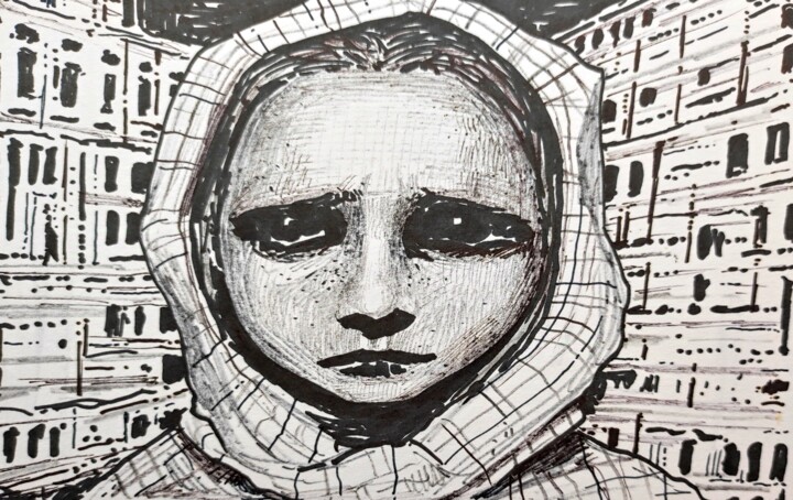Refugee girl 图画, 5.9x8.3 in