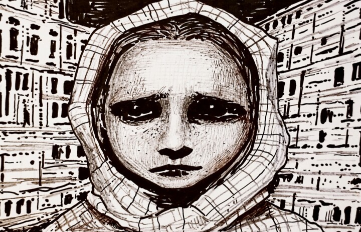 Tekening getiteld "Refugee girl" door Milto Sideris, Origineel Kunstwerk, Marker