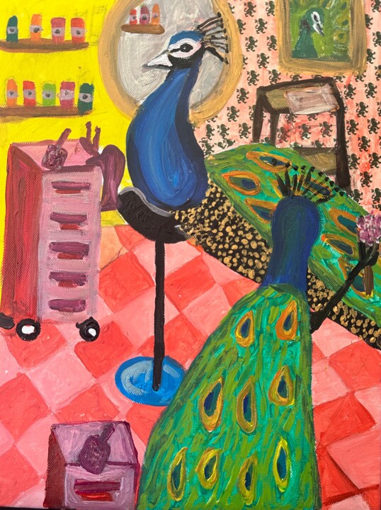 Two peacocks in the hair salon 绘画, 15.8x11.8 in
