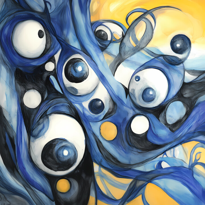 Dreaming Eyes: Blue and Yellow Abstract Painting Art Print 印花与版画, 19.7x19.7 in