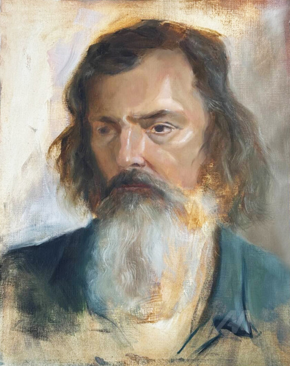 Male Portrait with Beard: Classical Style/ Thinker 绘画, 15.8x11.8 in
