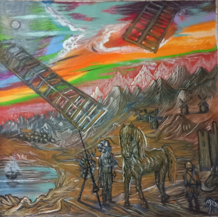 Pittura intitolato "Ο Δων Κιχώτης στους…" da Nikos Nikolaides, Opera d'arte originale, Olio