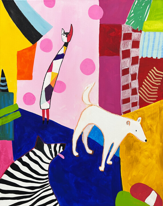 Artwork description: White Dog and Cat Playing with Giraffe 绘画, 19.7x15.8 in