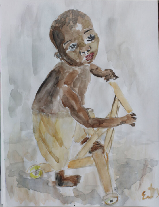 Мальчик африканец на самокате 绘画, 10.6x8.2 in