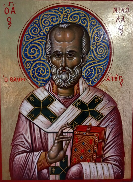 Pittura intitolato "Ο Άγιος Νικόλαος" da Nikos Nikolaides, Opera d'arte originale, Tempera Montato su Altro pannello rigido