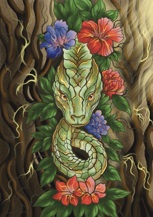 Snake & Vibrant Red and Blue Flowers (Renewal) 数字艺术