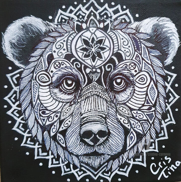 Drawing titled "OURS MANDALA (fond…" by Cristina Carmona, Original Artwork, Marker Mounted on Wood Stretcher frame