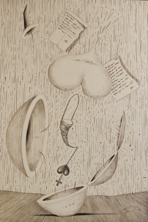 "1977 - Wamel" başlıklı Resim Milto Sideris tarafından, Orijinal sanat, Tükenmez kalem