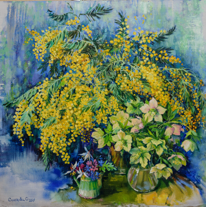 Painting titled "Mimosa and Hellebor…" by Simanolya, Original Artwork, Oil Mounted on Wood Stretcher frame