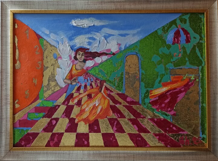 Surrealism Angel Impasto Fantasy Girl Painting Open Door Art 绘画, 10.2x14.6 in