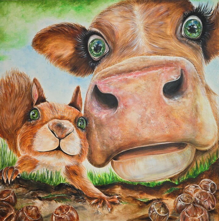 Kuh Hildegard und Eichhörnchen auf der Haselnuss suche 绘画, 39.4x39.4 in