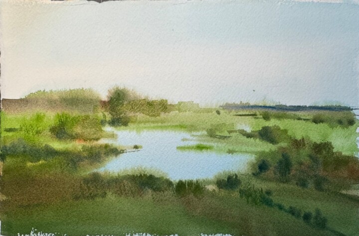 Painting titled "paysage avec étang" by Wenping Qian, Original Artwork, Watercolor