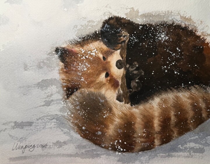 Painting titled "joli panda roux" by Wenping Qian, Original Artwork, Watercolor