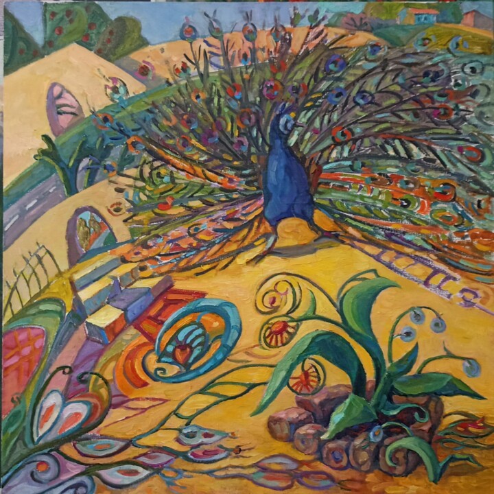 Pittura intitolato "Прогулка Павлина" da Olga Korneichuk, Opera d'arte originale, Olio Montato su Altro pannello rigido