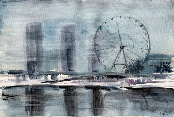 The Ferris wheel at dusk Painting, 14.2x21.3 in