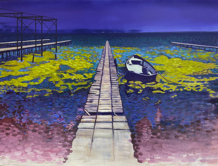 Painting titled "Lagon" by Clotilde Maillard, Original Artwork, Oil Mounted on Wood Stretcher frame