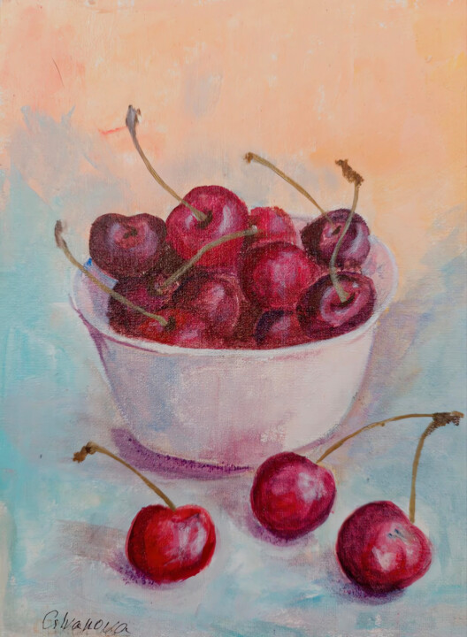 Ripe Cherries in White Plate 绘画, 8.3x5.9 in