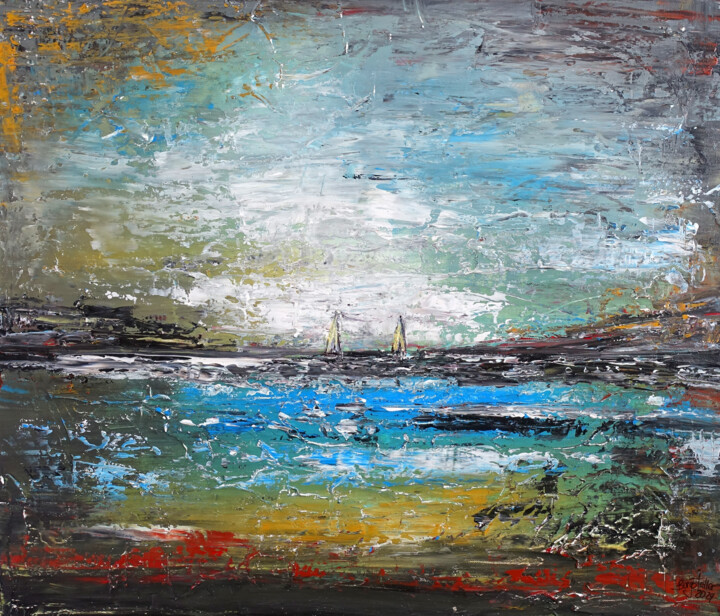Segeltörn abstraktes Bild, Meer, Segelboote, Kunst, Gemälde Schilderij, 23,6x27,6 in