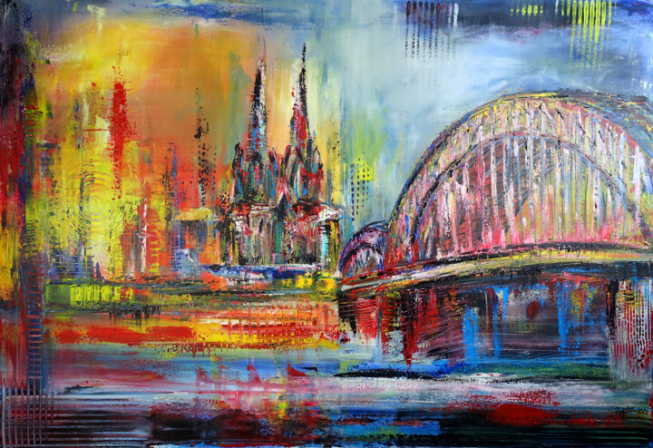 Stadt Köln abstrakt gemalt, Skylinebild Kölner Dom Brücke 绘画, 19.7x39.4 in