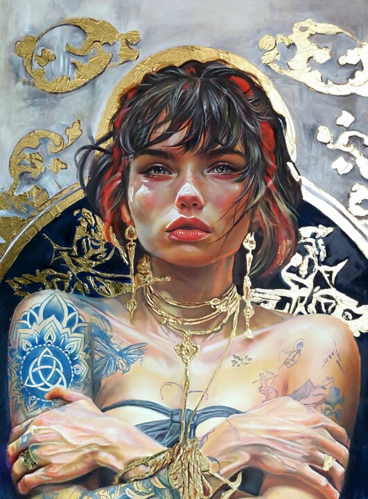 Painting titled "Halo" by Simona Zecca, Original Artwork, Oil Mounted on Other rigid panel