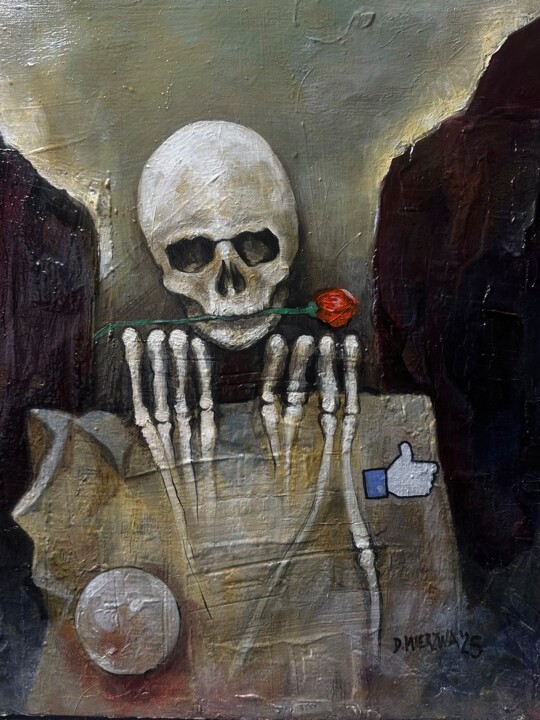 Self-Portrait with a Rose 绘画, 19.7x15.8 in