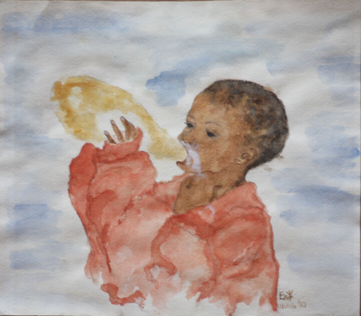 Маленький африканец пьет молоко 绘画, 11.6x13.2 in