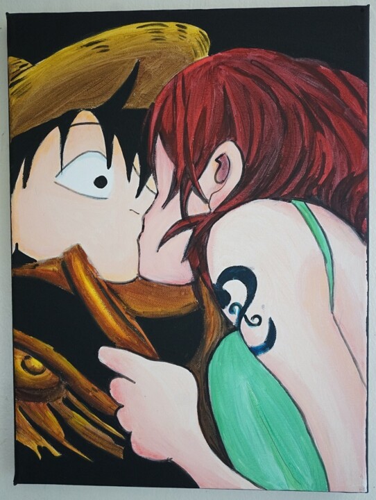 bl - peinture - one peice - le baiser inattendu Painting, 15.8x11.8 in