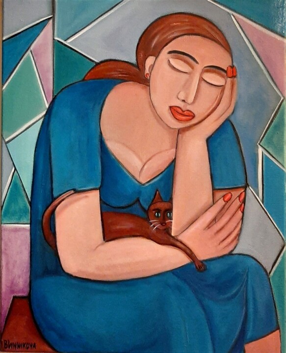 Mulher com gatinho ruivo 绘画, 19.7x15.8 in