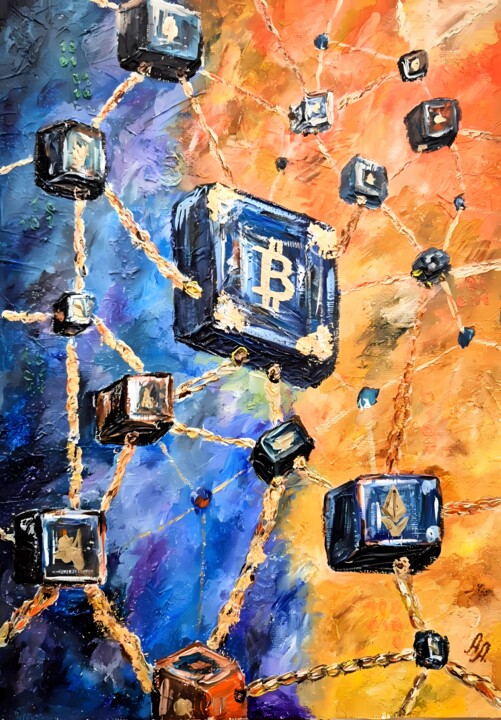 Painting titled "Fluorescent Blockch…" by Anna Abkaryan, Original Artwork, Acrylic Mounted on artwork_cat.