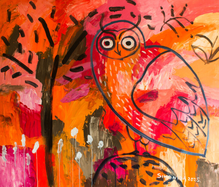 Owl Watching the Sunset 绘画, 53.2x63 in
