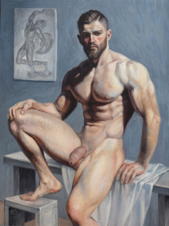 Painting titled "NUDE MALE MODEL #2" by Yaroslav Sobol, Original Artwork, Oil Mounted on Wood Stretcher frame