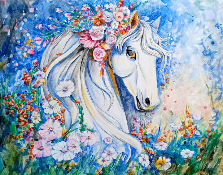 Painting titled "Horse Spring" by Veronika Chernyshkova, Original Artwork, Acrylic Mounted on Wood Stretcher frame