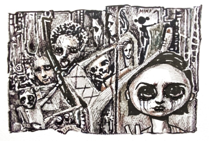 On the darker side - Big eyed sad girl Drawing, 5.9x7.9 in