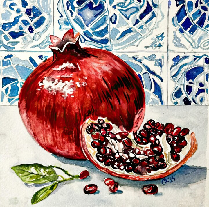 Portuguese Harvest on Azulejo Time – Juicy Pomegranates 1 绘画, 6.3x6.3 in