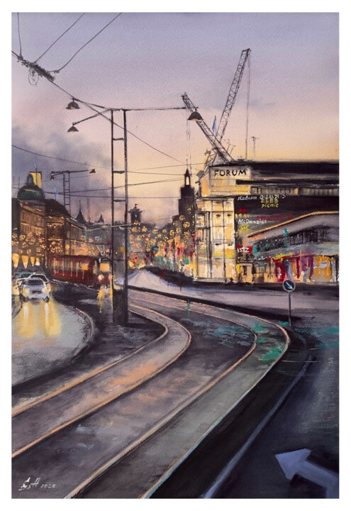 Night Helsinki cityscape Malarstwo, 22,1x15 in