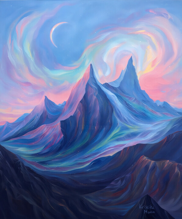 Surreal Mountain Landscape Art. Dreamy Pastel Moonlit Peaks Картина, 39,4x32,7 in