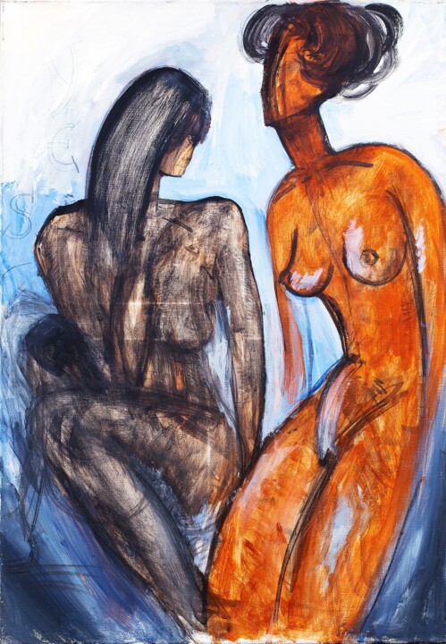 Painting titled "two female figures" by Alexander Chalovsky, Original Artwork, Acrylic Mounted on Wood Stretcher frame
