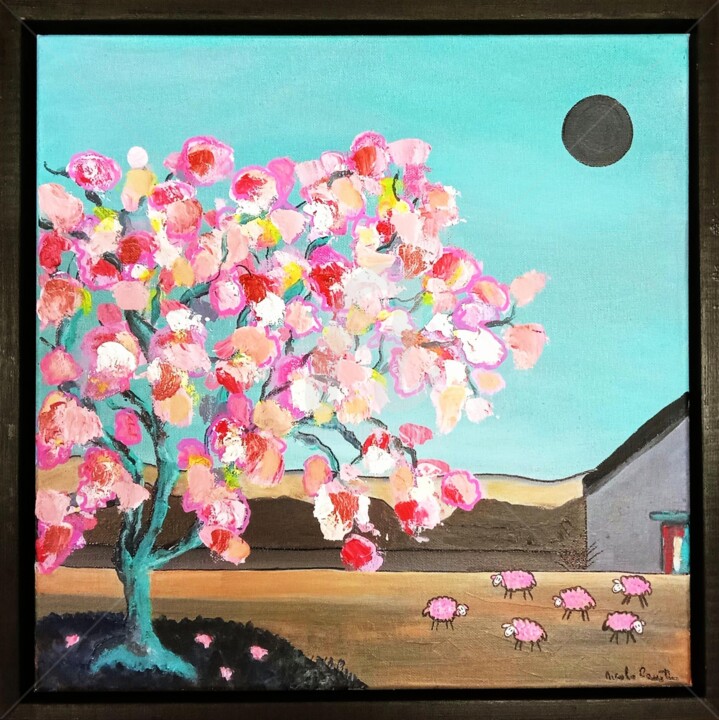 Peinture intitulée "L'arbre rose et les…" par Nicole Carretier, Œuvre d'art originale, Acrylique