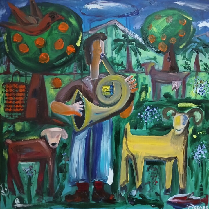 Rapaz tocando trompa na quinta 绘画, 23.6x23.6 in