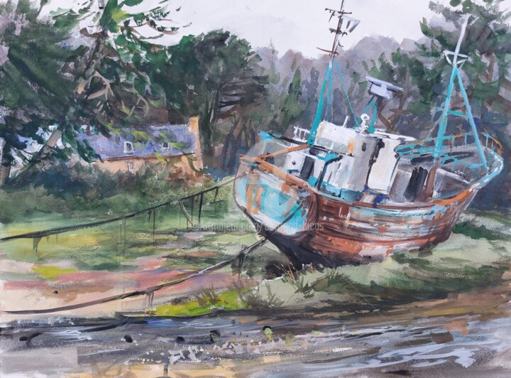 Epave de l'anse du Diben, Plougasnou (29) 绘画, 18.1x24 in
