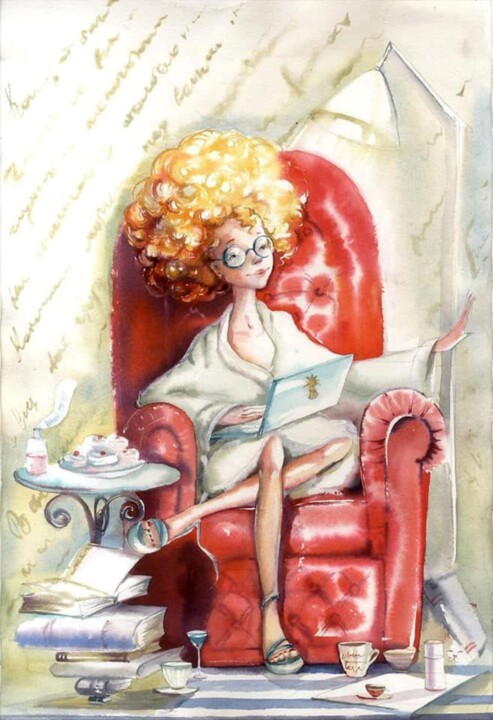 Writer of novels. Watercolor illustration. 绘画, 17.7x13.8 in