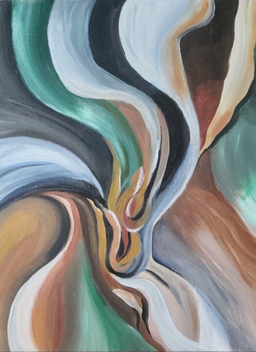 The green, brown, white, blue waves of flower petals 绘画, 15.8x11.8 in