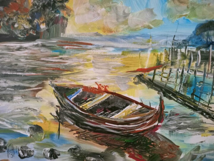 Peinture intitulée "La barque près du r…" par Audran, Œuvre d'art originale, Acrylique