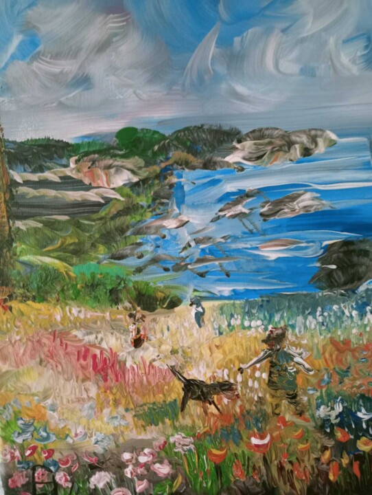 Peinture intitulée "L'enfant joue avec…" par Audran, Œuvre d'art originale, Acrylique