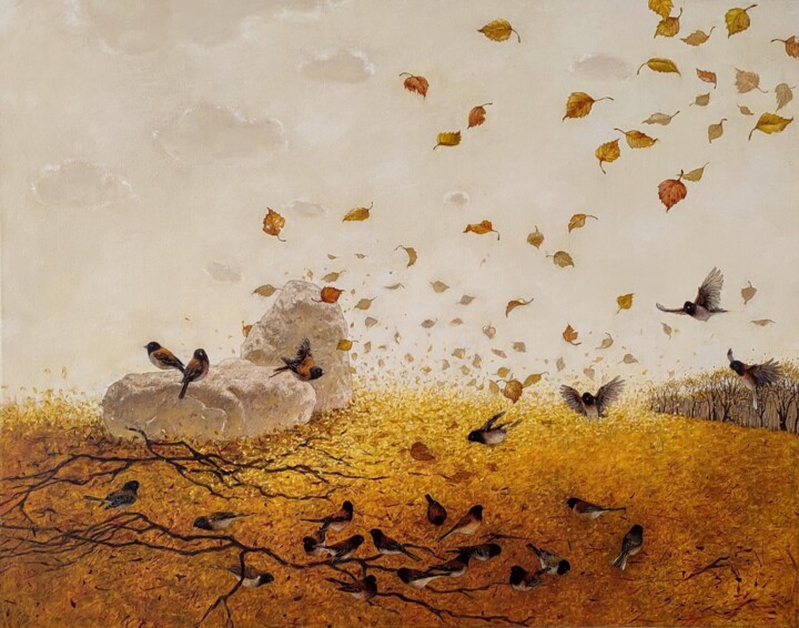 Malerei mit dem Titel "Golden Leafe's Fall" von Tatyana Palchuk, Original-Kunstwerk, Öl