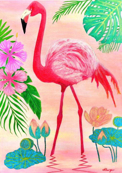Pink Flamingo Elegance: Acrylic Painting on Canvas 绘画, 27.6x19.7 in
