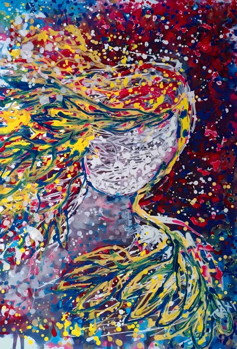 Autumn's Smile: A Vibrant Abstract Portrait 绘画, 27.6x19.7 in