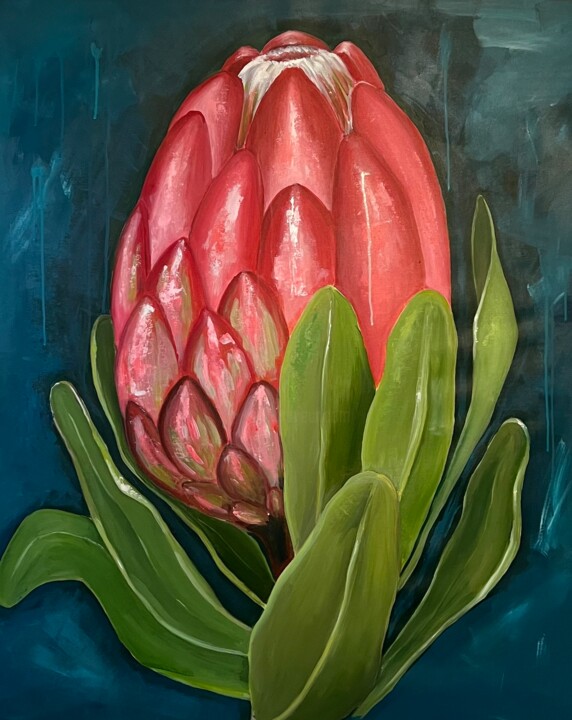 Painting titled "Pink and Green Flor…" by Kateryna Malomuzh, Original Artwork, Acrylic