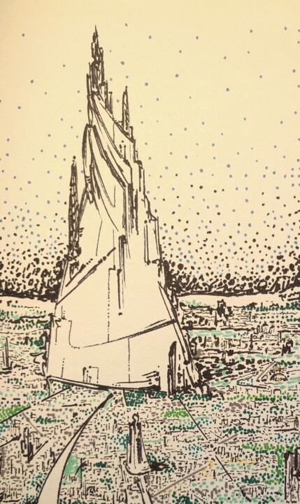 Vertical village Drawing, 7.9x5.9 in